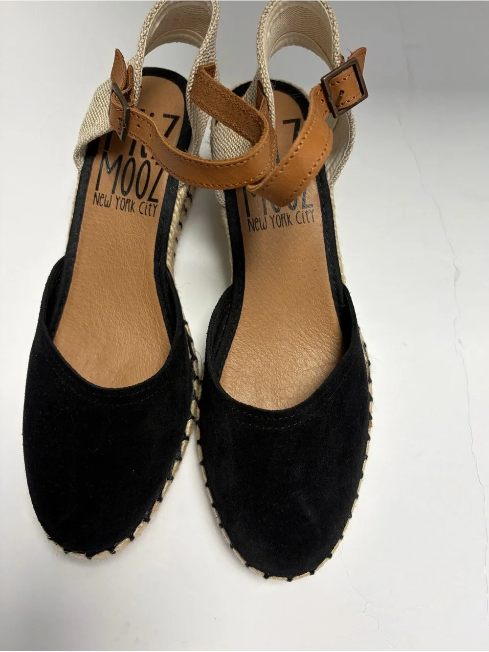 Miz Mooz Malena Black Suede Espadrille Wedge Sandals Ankle Strap 37 EU / 6.5-7